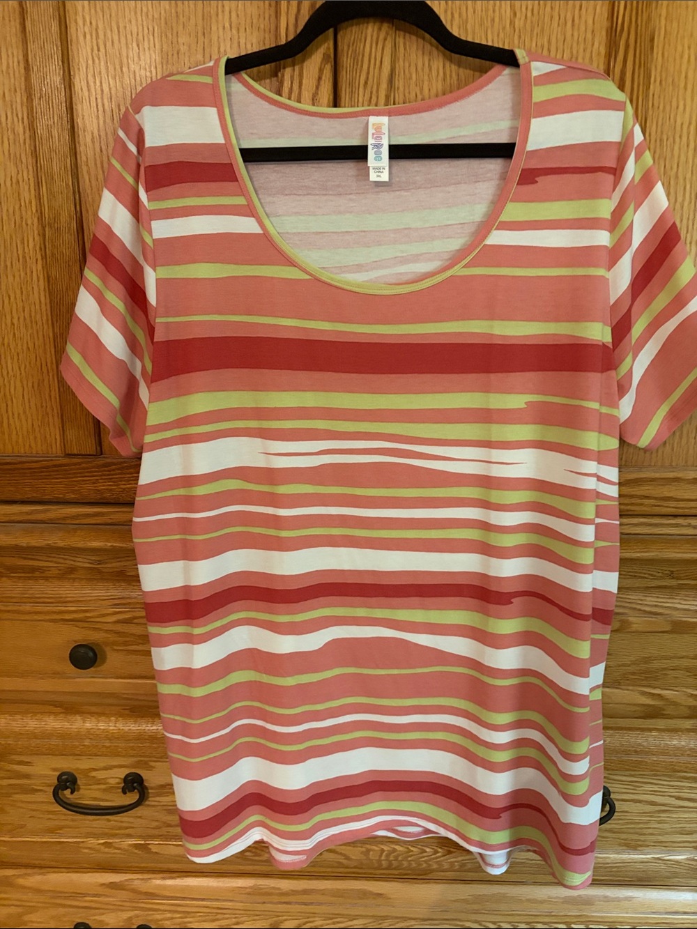 LuLaRoe Coral, White & Lime Striped Scoop Neck Tee